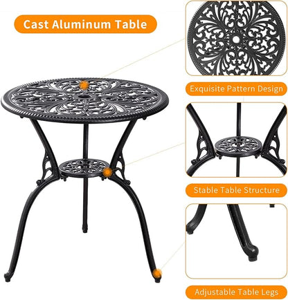 Withniture Outdoor Bistro Set 3 Piece Patio Bistro Set, Cast Aluminum Bistro Table and Chairs Set of 2, Small Patio Table Set for Porch, Black