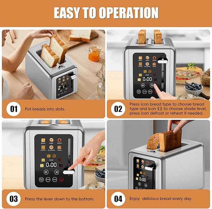 2 Slice Toaster, Touchscreen & Dual Independent Control Panel, 5 Basic