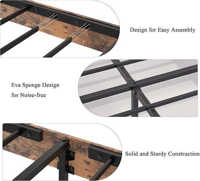 Farmhouse Wooden Bed Frame Queen Size with Storage Headboard, Boho Platform Bedframe with LED Lights and Charging Station, Metal Slats Support, No Box Spring Needed, Brown