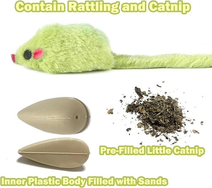 12PCS Rattle Cat Mouse Toys also Prefilled Catnip, 2.36” Mice Body Size, Faux Fur Cat Mice Toys with Plastic Body, Interactive Catnip Toys for Indoor Cats Play Fetch