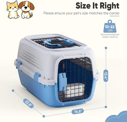DUMOS 23" Hard-Sided Pet Carrier for Small Dogs & Cats, Airline Approved Travel Crate with Enhanced Security Latches, Front & Top Load Wire Door, Food Bowl for Traveling, Hiking, Camping, Blue