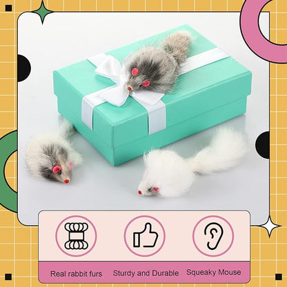 Hungdao 60 Pcs Furry Mice Interactive Catch Play Rabbit Fur Mouse Cat Toy Rattle Sound Rat Plush for PET Cats and Kittens, 3 Colors(White, Black, Gray)
