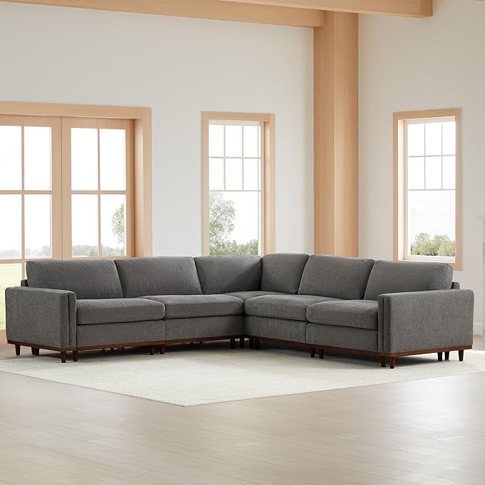CHITA Super Large Luxury V Shape Corner Sectional Modular Sofa Set, Down Filled Modern Sofa, Deep Seat Cloud Couch, 114 inch Width, 5 Seat Couch with Chaise, Solid Wood Leg, Grey