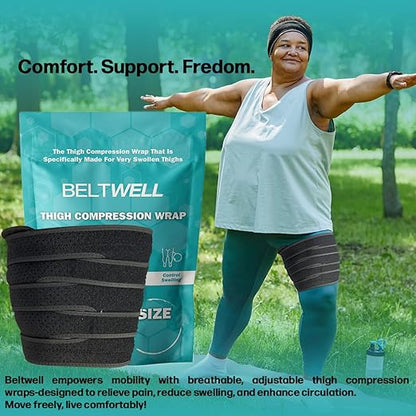 Beltwell® Adjustable Thigh Compression Wrap for Swollen Legs, Lymphedema, Varicose Veins, Lipedema, Edema, Circulation, Heaviness, Post-Surgery & Blood Clots – Muscle Recovery, Pain Relief, Circulation & Mobility – Support for Men & Women