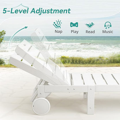 Homenjoy Outdoor Chaise Lounge Chairs with Table, 2-Piece, 26.8” Super Wide Lounge Chair Outdoor, HDPS Pool Chairs with 5 Positions, Patio Lounge Chair with Wheels for Pool,Lawn,Backyard, White