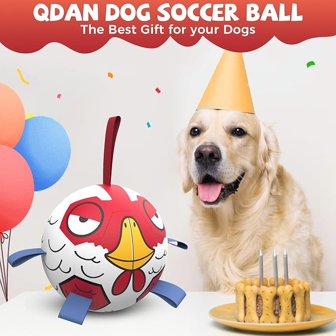 QDAN Dog Toys Soccer Ball with Straps - Durable Extra Large Dog Balls, Beach Pool Water Toys, Herding Balls (9 Inch)