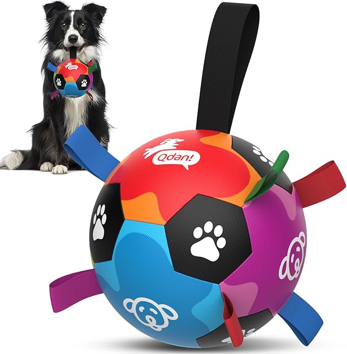 QDAN Dog Soccer Ball, Dog Balls with Straps, Outside Dog Toys for Small Medium Pets, Birthday Gift Toy, Soccer Ball for Dogs with Tags, Herding Balls Toys (6 Inch)