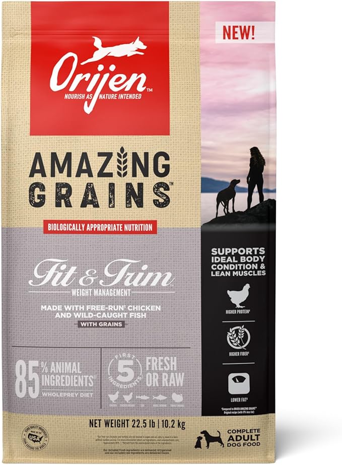 ORIJEN Amazing Grains High Protein Dry Dog Food Fit & Trim Recipe 22.5lb Bag