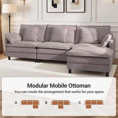 Claiks 110" Modular Sectional Sofa, Cloud Couch with Ottoman, L-Shaped 4-Seater Sofa in Chenille Fabric, Deep Seat Comfy Couch with Pillows for Living Room & Offices, Light Gray