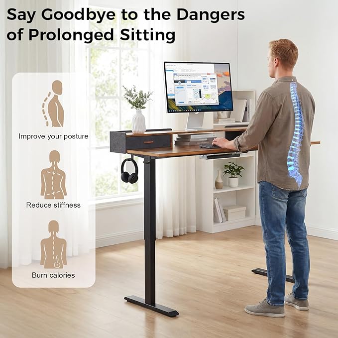 Electric Standing Desk with Drawers, 63 Inch Height Adjustable Desk with Power