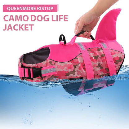Dog Life Jacket Ripstop Dog Shark Safety Vest Adjustable Preserver with High Buoyancy and Durable Rescue Handle for Small,Medium,Large Dogs, Pink Camouflage Small