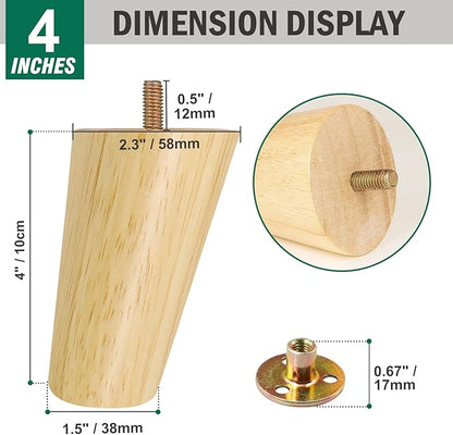 FoDau770 Rubber Wood Furniture Legs 4 Inches, Slant Tapered Wood Feet Mid Century Sofa Legs Set of 4, 5/16" UNC Furniture Feet Replacement Parts for Cabinet Couch Dresser Chair Ottoman Table