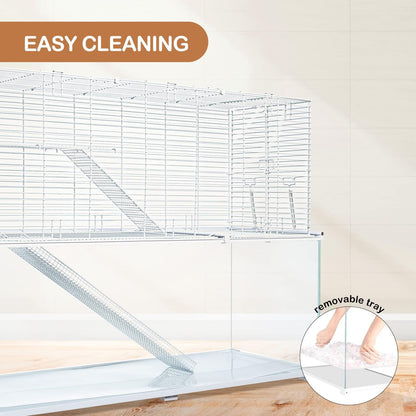 OIIBO 3 Tiers Large Hamster Cages Glass, Heightened Wire Topper with Two Shelf and Two Ladders Ramps, Openable Top, Easy to Clean Removeable Waterproof PVC Tray Medium