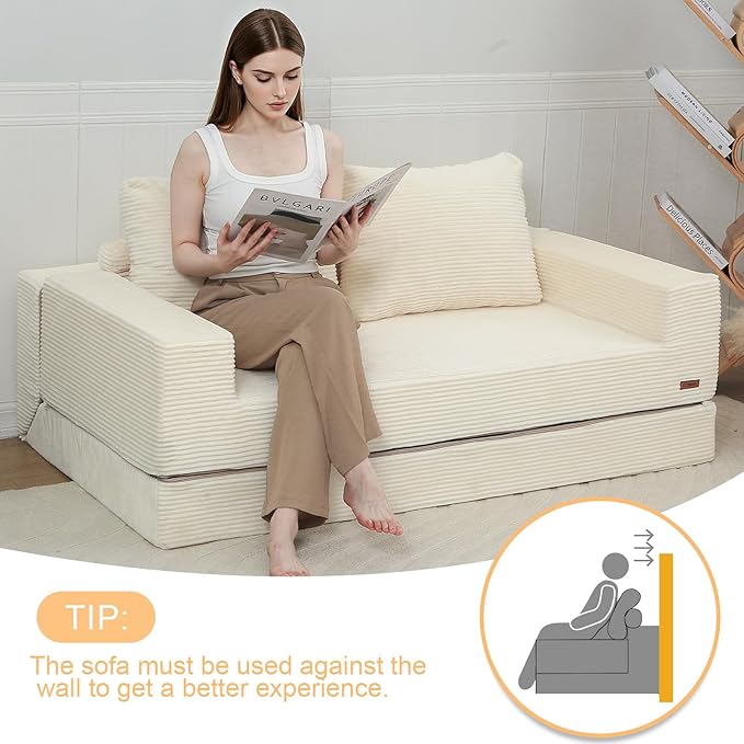 COMAX Convertible Sofa Bed Queen, Corduroy Folding Floor Couch Pull Out Couch Bed Futon Sleeper with Pillows, Fold Out Boneless Sofa Comfy Lounge Mattress Loveseat for Living Room Bedroom, Beige