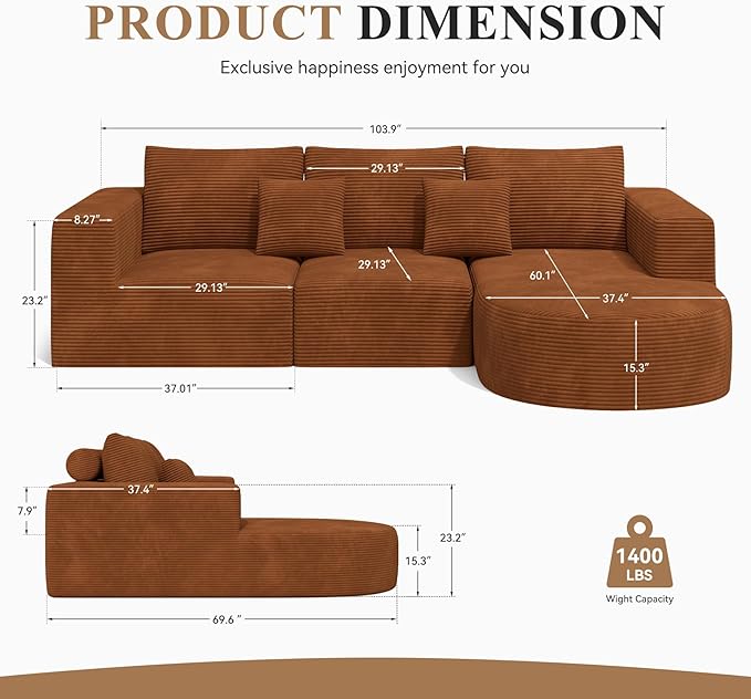 Modular Sectional Sofa with L-Shape Chaise,Cloud Sectional Modern Sleeper Couch with Deep Seat,Sponge Compression Sofas No Assembly Required(Brown-Corduroy Fabric) 1PCS