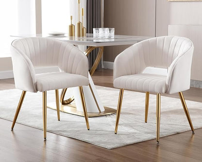 KCC Modern Accent Dining Chairs, Set of 6, Velvet Dining Chairs with Tufted Hollow Back & Gold Metal Legs for Living Room, Dining or Restaurant - Cream