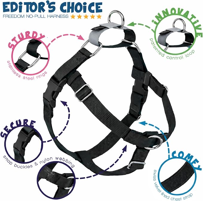 2 Hounds Design Freedom No Pull Dog Harness, Adjustable Harness and Leash Set, Easy Walking & Comfortable Control, Fits Small, Medium & Large Dogs, Solid Colors, Made in USA, 1" MD, Black