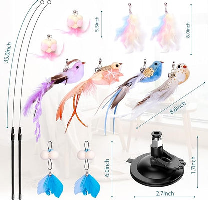 Cat Toys Wand, Interactive Cat Toy with Super Suction Cup Sticky Detachable 12 PCS Feather Replacements 2 Wands Cat Spring Feather Toys for Indoor Cats Kitten Toys (4 Birds Replacements)