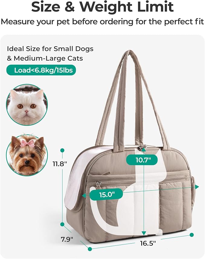 BAGSMART Dog Purse Carrier for Small Dogs Up to 13lbs Puppy Travel Tote Bag | Quilted Puffy Soft Sided Pet Handbag with Pockets, Collapsible Lightweight Portable Carrying with Safety Tether & Mat, Green