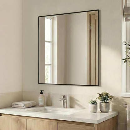 36''x36'' Large Black Square Mirror, Matte Metal Framed Bathroom Vanity Mirror