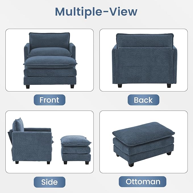 ROWHY Convertible Sectional Couch with Ottoman, Single Armchair with armrests, Modern Living Room Furniture Set, Small Couches for Small Spaces, for Living Room, Chenille, Royal Blue