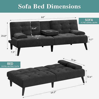 Meilocar Convertible Futon Sofa Bed Couch, Small Sofa Couch Recliner, 64" Adjustable Sleeper Sofa Bed for Living Room, Removable Armrest, 2 Cup Holders, Black