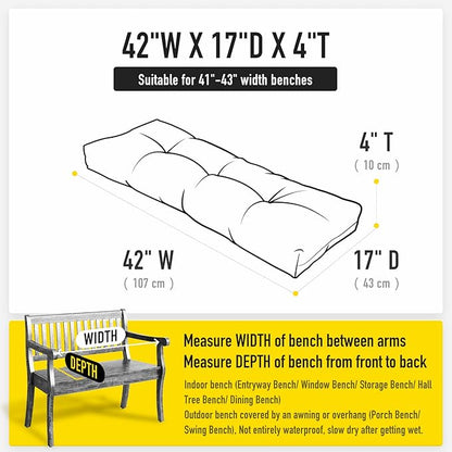 SUNROX LokGrip Non Slip Tufted Memory Foam Bench Cushion, FadeShield Water Resistant Durable Thicken Outdoor/Indoor Bench Seat Pads 42x16x4 inch, Heather Charcoal