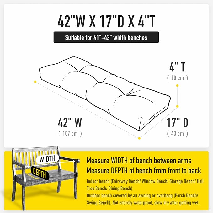 SUNROX LokGrip Non Slip Tufted Memory Foam Bench Cushion, FadeShield Water Resistant Durable Thicken Outdoor/Indoor Bench Seat Pads 42x16x4 inch, Midnight