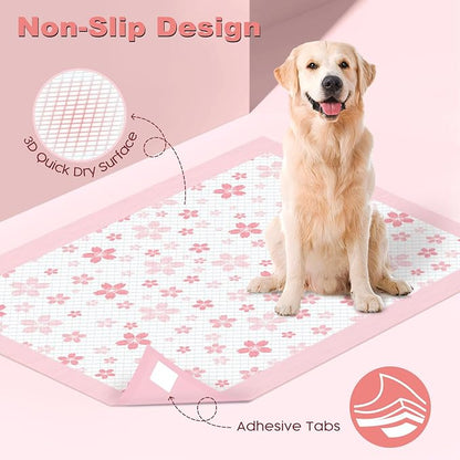 MIZOK Pink Puppy Pads with Adhesive Tabs Disposable Pee Pads 28x34in 100Ct | Heavy Duty Floor Protection Super Absorbent Large Pet Training Pads Use Sticky Bottom Strips to Keep Indoor Areas Mess Free