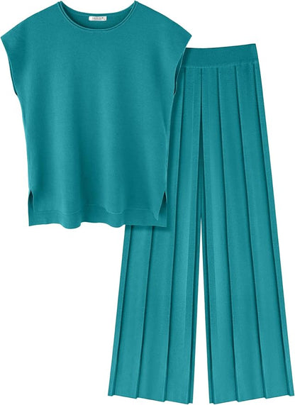 Ekouaer Lounge Sets for Women Two Piece Outfits Knit Cap Sleeve Tops Wide Leg Pleated Pants Casual Dressy Sweater Sets