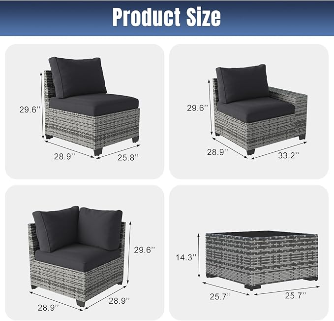 Aoxun 12 Pieces Patio Furniture Set Wicker Rattan Outdoor Sectional Conversation Set with Coffee Table and 4” Thickened Cushions, Gray Black (Waterproof Cover Included)
