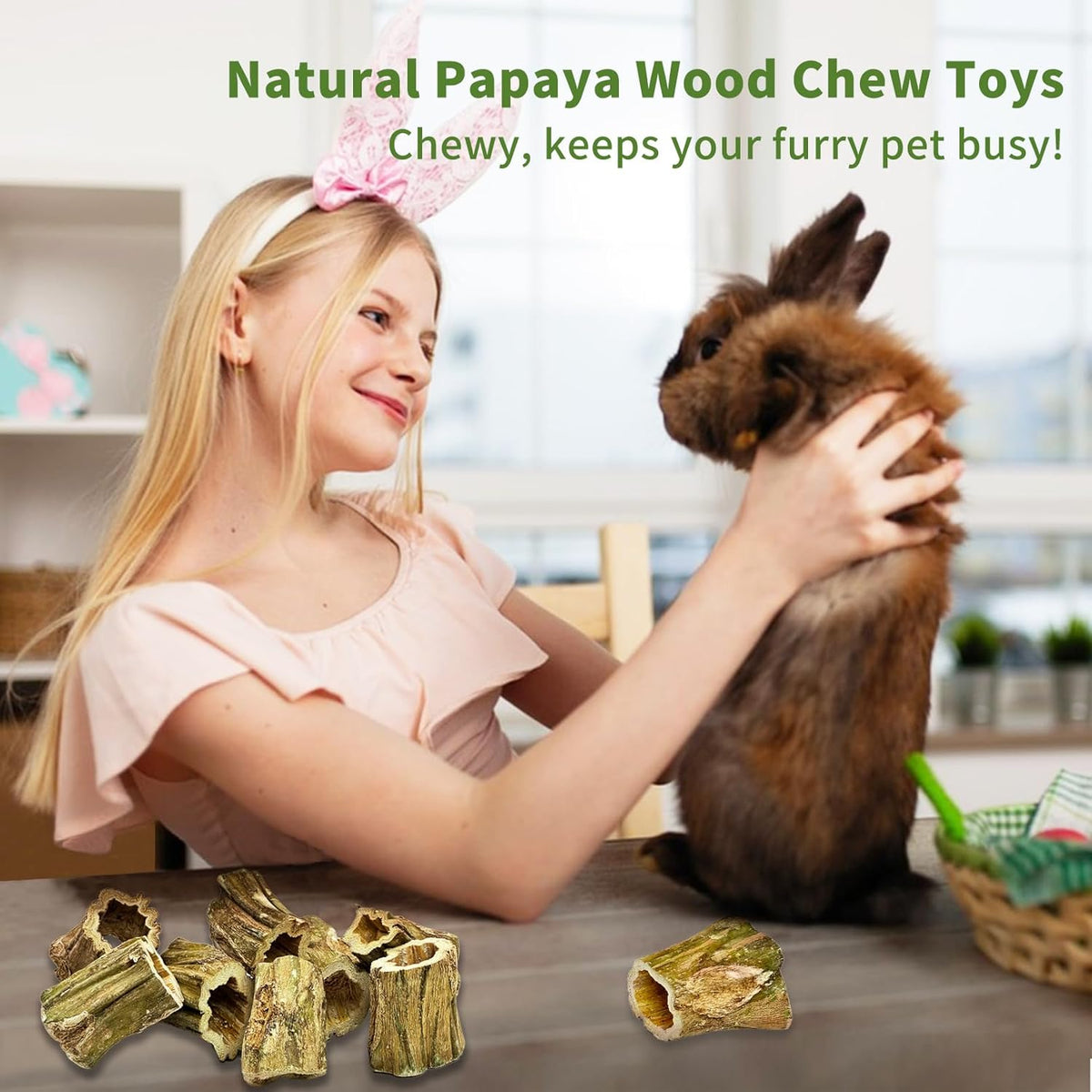 Fhiny Rabbit Chew Toys, 8 PCS 2" Natural Papaya Wood Chew Sticks Guinea Pig Treats for Dental Care Bunny Treats for Rabbits Small Pet Molar Snacks for Bunny Guinea Pig Chinchilla Hamster Gerbil
