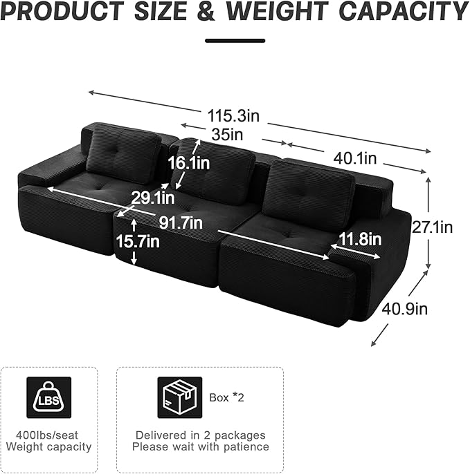 115" Modern Corduroy Cloud Sofa, Boneless Modular Large Sectional Couches for Living Room, Black 3 Seater Compressed Memory Foam Couch, Extra Deep Seat, No Assembly