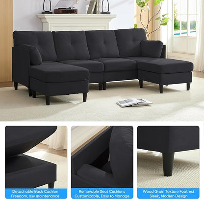 PUREMIND Sectional Couches for Living Room, Modern Snow Velvet U-Shaped Sofa Couch with Double Chaise, Upholstered 4 Seater Home Sofa for Living Room, Apartment, Office, Dark Grey