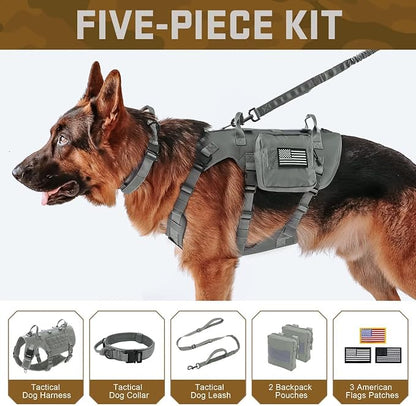 Forestpaw Tactical Dog Harness Tactical Dog Collar with Bungee Leash Set,No Pull Military Dog Harness for Walking Training,Adjustable for Medium Dogs,Gray,Chest 17-25"
