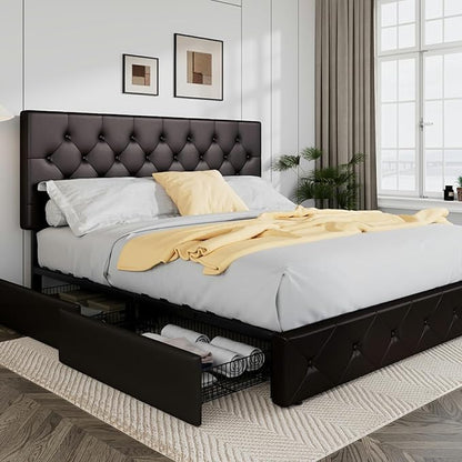Allewie Upholstered King Size Platform Bed Frame with 4 Storage Drawers and Headboard, Diamond Stitched Button Tufted, Mattress Foundation with Wooden Slats Support, Black Brown