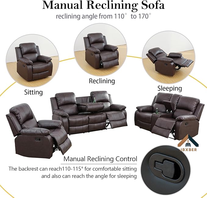 JBXBER Manual Recliner Sofa Set for Living Room, Leather Reclining Sofa Sets, Faux Leather Couch Set with Cup Holders, Drop-Down Table and Storage Console(Sofa and Loveseat,Brown)