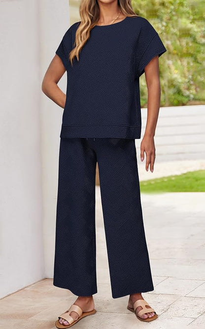 PRETTYGARDEN 2 Piece Outfits For Women Casual Tracksuit Short Sleeve Tops And Wide Leg Long Pants Matching Lounge Sets