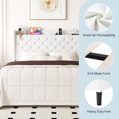 Allewie King Size Bed Frame, Storage Headboard with Charging Station, Wingback Velvet Upholstered, Diamond Stitched Button Tufted, Sturdy Wooden Slats, No Box Spring Needed, Easy Assembly, White