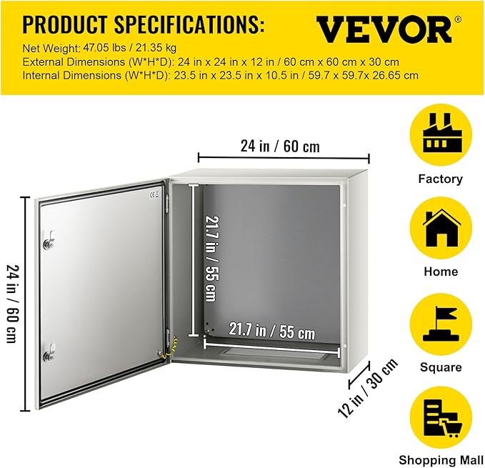 VEVOR NEMA Steel Enclosure, IP66 Waterproof & Dustproof, Outdoor/Indoor