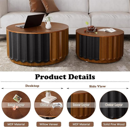 Nesting Coffee Table Set of 2 Modern Round Coffee Table with Non-Slip Feet, Wooden Circle Accent Tables Contemporary Drum Side Table End Table for Living Room Bedroom (Brown 26.8"+19.7")