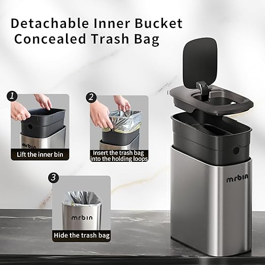 MRBIN Stainless Steel Motion Sensor Bathroom Trash Can, 10L / 2.6gal Slim Smart