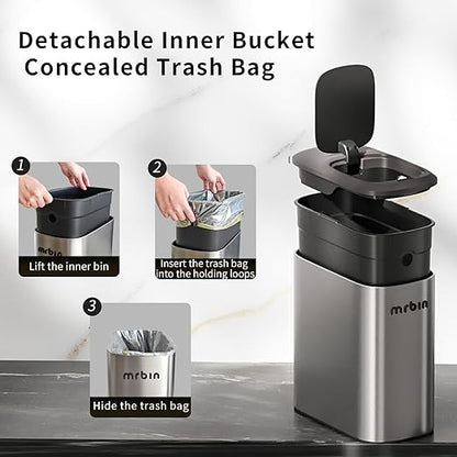 MRBIN Stainless Steel Motion Sensor Bathroom Trash Can, 10L / 2.6gal Slim Smart