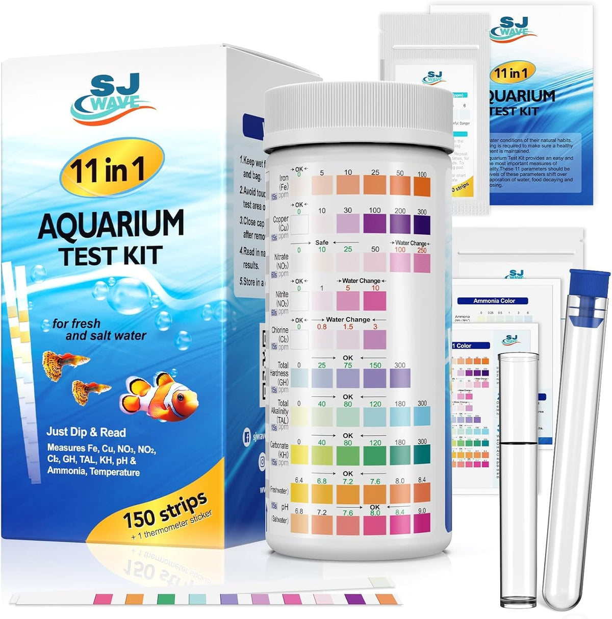 11 in 1 - Aquarium Test Strips | 950 Tests - 150 Strips | Fish Tank Aquariums Water Test Kit & ebook | Aquarium Thermometer | Fish Tank Water Testing Kit Includes 50 Ammonia Strips | Versatile Usage