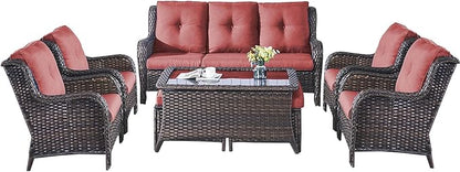 Rilyson Wicker Patio Furniture Chairs Set - 8 Piece Rattan Outdoor Patio Sectional Conversation Sets with 1 Sofa,4 Armrest Chairs,1 Coffee Table and 2 Ottomans for Porch Deck Garden(Brown/Red)