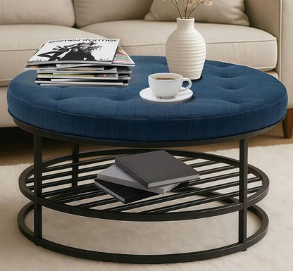 Ottoman Coffee Table with Upholstered Tufted Linen Fabric, Round Center Table with Storage Large Footrest Ottoman for Living Room Navy Blue