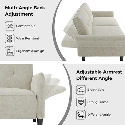 89” Futon Sofa Bed, Comfy Futon Couch Bed with 2 Square Pillows,Convertible Sleeper Sofa with Adjustable Backrest& Armrests, Modern Loveseat Sleeper for Living Room,Velvet Fabric White