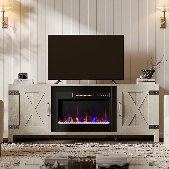 Bestier 63" Fireplace TV Stand for TVs Up to 70", Farmhouse Barn Door