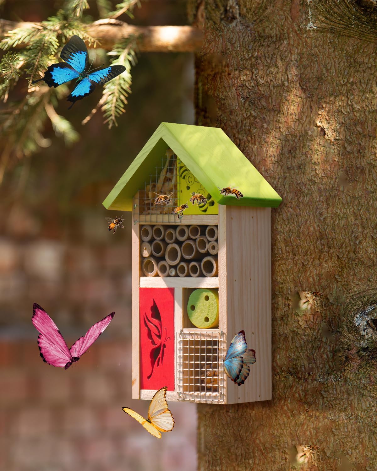 Premium Bug Hotel Kit Cedar Wood Insect Hotel Insect House - Backyard Bee House, Nesting Habitat Shelters, Garden Shelter for Bees, Butterflies, Bugs,Heavy Duty Thickness Colorful