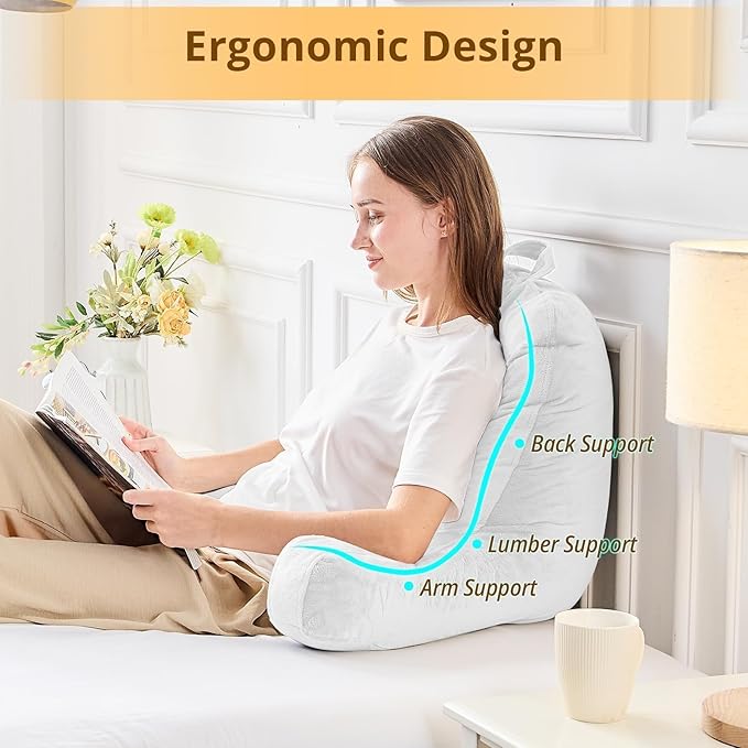 Sasttie Reading Pillow, Velvet Back Pillow for Bed Sitting Up, Adult Back-Rest Support Cushion with Arms for Sit Up on Couch, Sofa, and Floor, Dorm Essentials, Reading Accessories, White
